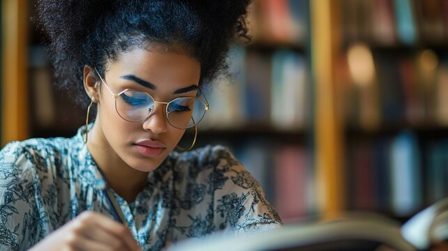 Woman Focused on Her GED Practice Test at a Quiet Library