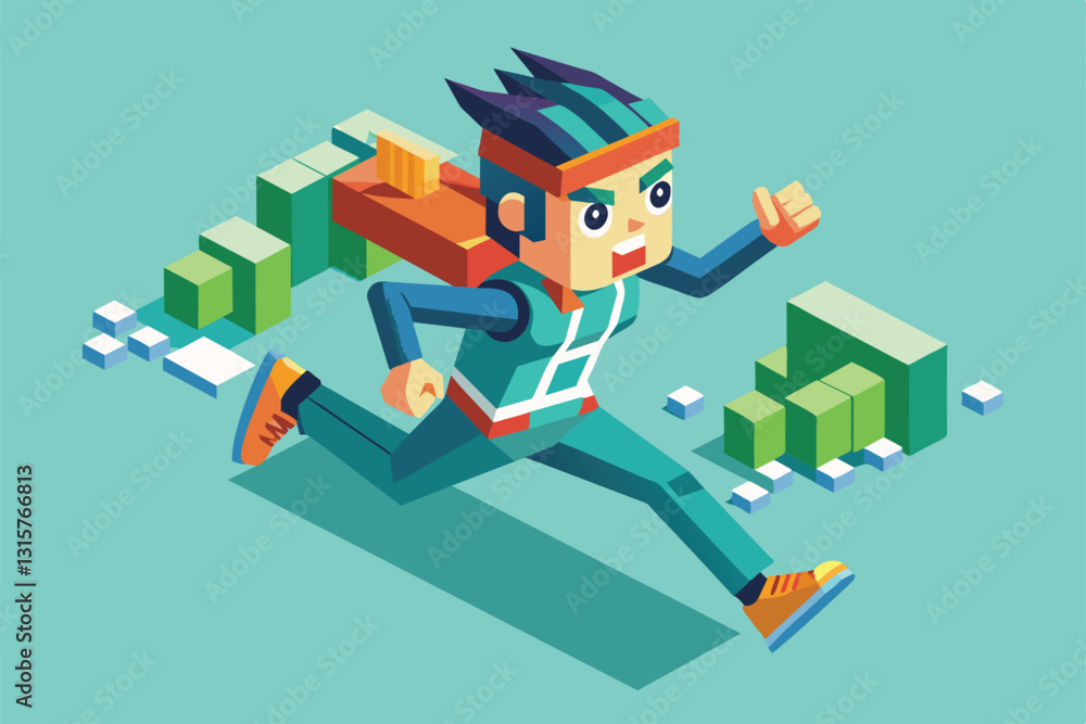 Aufkleber a colorful character is energetically running across a playful block environment filled with vivid e