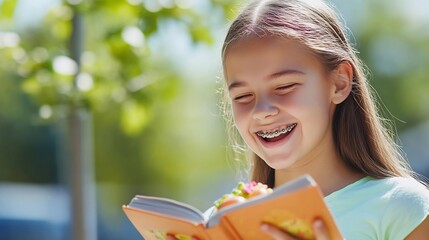 Girl Health Happy teenage girl brace enjoying healthy snack Explore variation Young girl practicing yoga Teenage girl playing sports Girl reading book happy smile Girl spending quality time her family