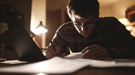 Young adult focused on reviewing math problems for test preparation