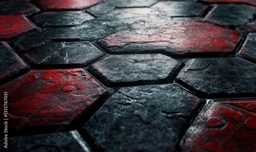 Poster red and black hexagonal stone floor texture