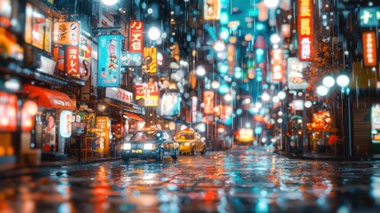 Fototapeta premium Rainy Night in Shinjuku: A Digital Painting of Vibrant City Streets