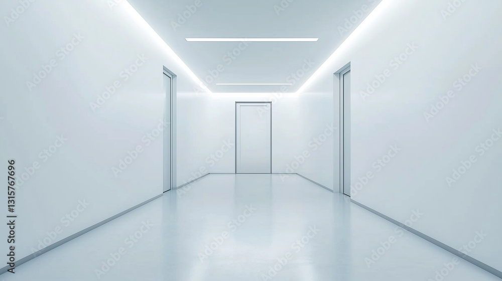 Poster minimalistic hallway with clean white walls and glossy floor, featuring modern lighting and multiple