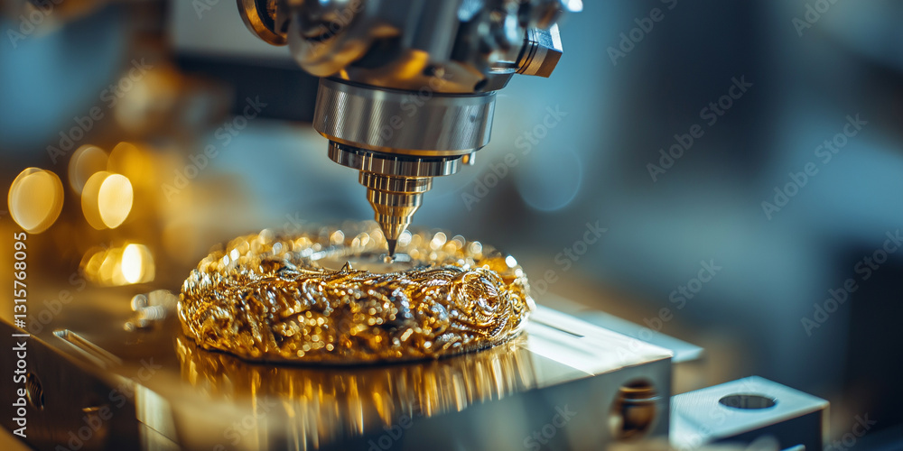 Poster robotic arm intricately polishes detailed golden artifact, showcasing precision and advanced technol