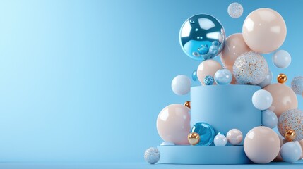 A blue background with a large number of round objects, including some gold