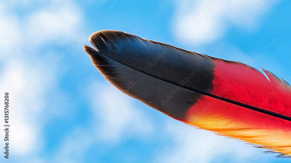Aufkleber vibrant feather with intricate barbs is set against clear blue sky, showcasing its vivid red and ora