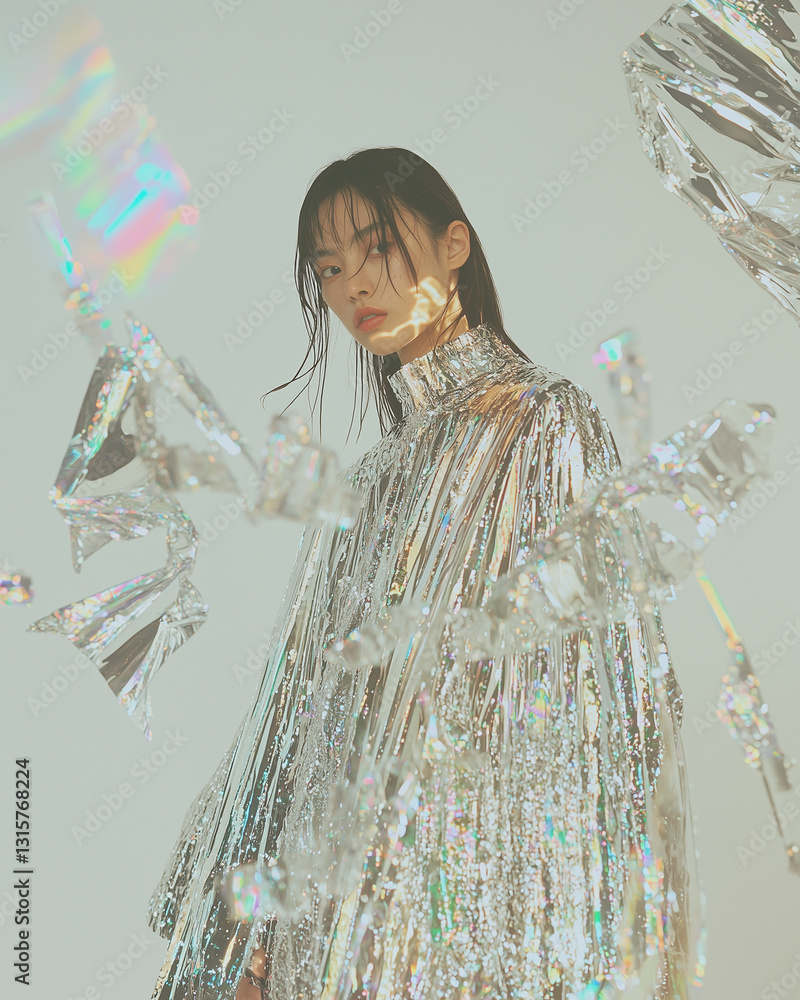 Poster woman futuristic silver gown stands surrounded by holographic elements, creating surreal and etherea