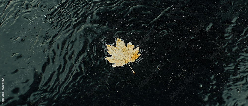 Aufkleber single yellow leaf floats on dark, rain soaked surface, creating serene and reflective scene. high c