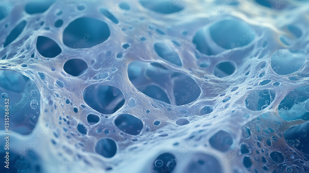 Aufkleber close up view of porous surface with intricate patterns and textures, resembling sponge or foam structure. image highlights delicate and complex network of holes and fibers