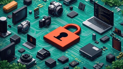 Secure Digital Data Protection Concept Featuring Padlock on Circuit Board with Various Electronic Devices and Gadgets