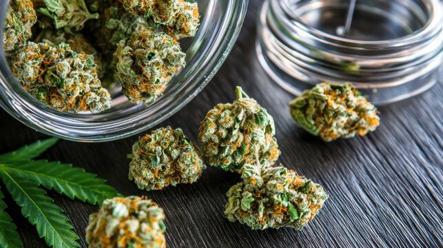A jar of marijuana is sitting on a table