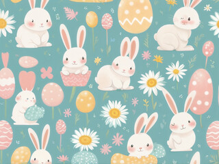 Abstract glow Cartoon pastel Draw pattern cute bunny easter candy Daisy flower Spring background