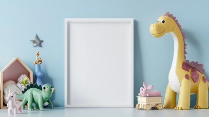 A white frame with a dinosaur and other toys in front of it
