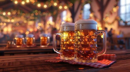 Enjoy festive Oktoberfest vibes with cheerful beer mugs and traditional costumes in a lively setting filled with lights and laughter