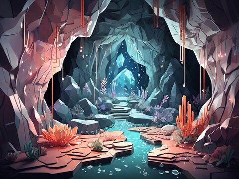 inside cave with river and crystall illustration background