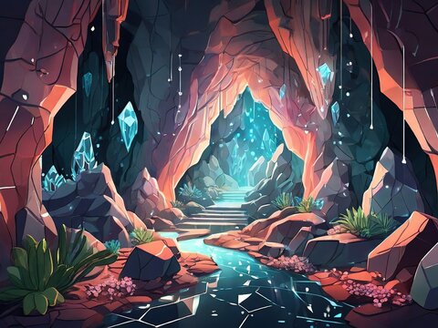 inside cave with river and crystall illustration background