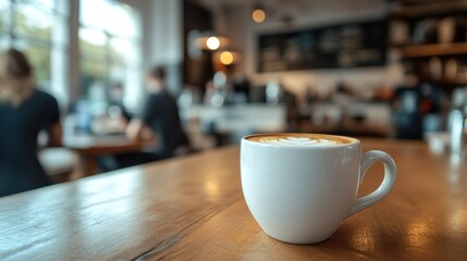 Fototapeta premium perfectly crafted latte art in a white cup resting on a wooden table inside a bustling coffee shop creates a cozy and inviting atmosphere