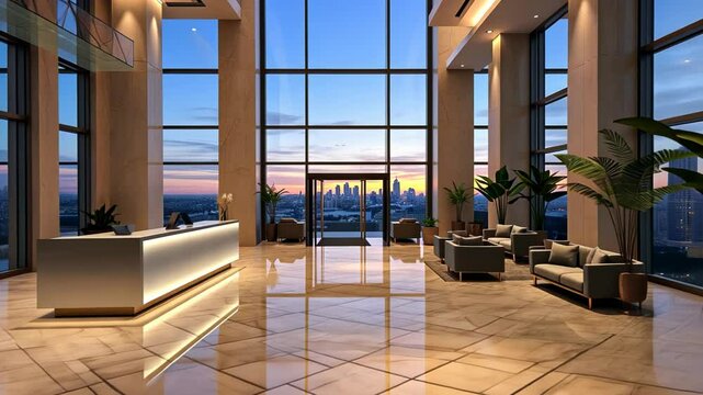 Modern Hotel Lobby with City Sunset View