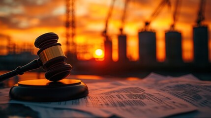 sunset silhouette a gavel rests on legal documents with industrial backdrop symbolizing legal challenges and regulatory frameworks in industry