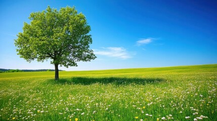 Vast green field filled with blooming flowers under a clear blue sky featuring a lone tree in a peaceful landscape