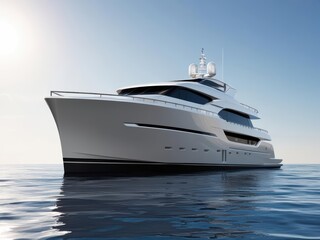 Luxury Yacht on Calm Waters: A sleek, modern luxury yacht glides smoothly across tranquil blue waters, basking in the radiant sunlight, capturing the essence of opulence and leisure.
