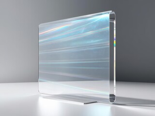 Futuristic Glass Panel: A sleek, transparent glass panel stands on a surface with a soft gradient background, emitting a captivating display of refracted light.