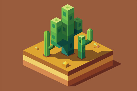 A vibrant representation of customizable saguaro cacti set against a stylized desert terrain, Saguaro cactus Customizable Isometric Illustration