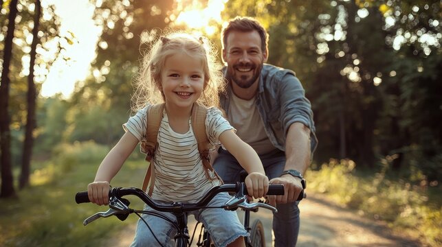 A man and a little girl are riding a bike together