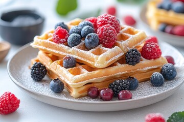 Closeup Of Two Golden Waffles Topped With Fresh Berries And Powdered Sugar Perfect For A Delicious Breakfast Concept