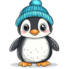 Obraz premium This image showcases a digitally illustrated adorable cartoon penguin wearing a knitted blue beanie hat.