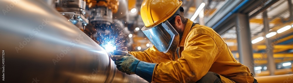 Aufkleber a man in a yellow jacket is working on a pipe