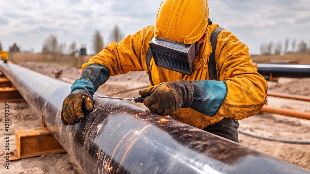 Poster a man in a yellow jacket is working on a pipe