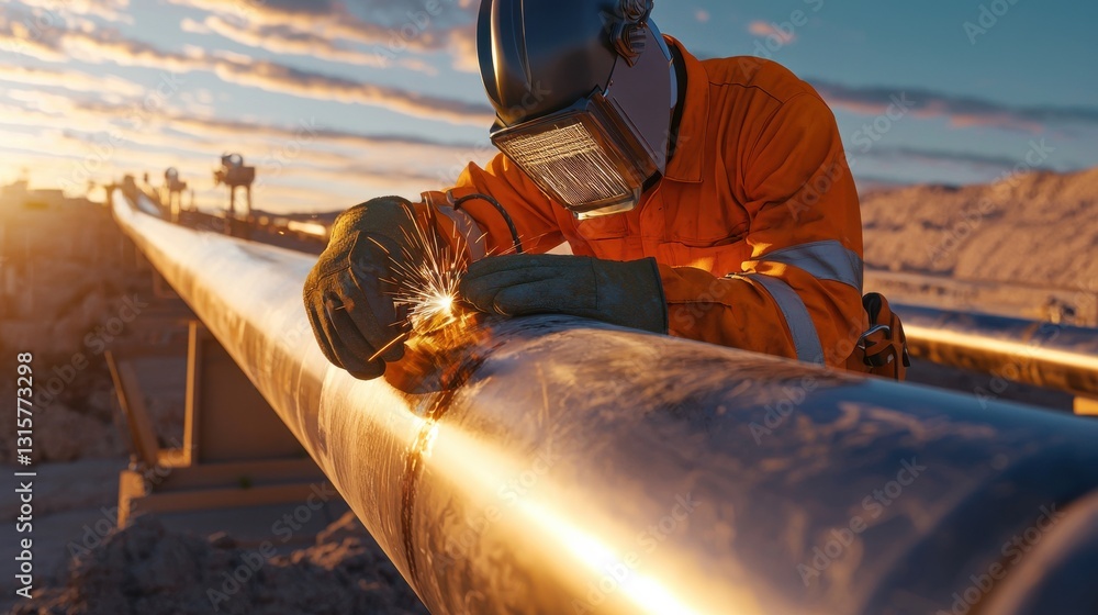 Poster a man in an orange jumpsuit is working on a pipeline