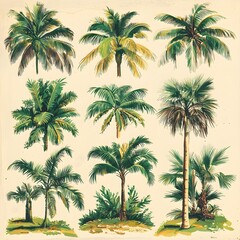 A detailed vintage illustration featuring palm trees that evoke relaxation and tropical serenity on a white background