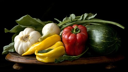 Fresh Vegetables on a Wooden Platter with Dark Background Ready for Culinary Use