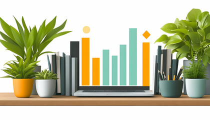 Laptop displays upward trending bar graph, flanked by potted plants and books on a wooden desk.  Clean, modern workspace