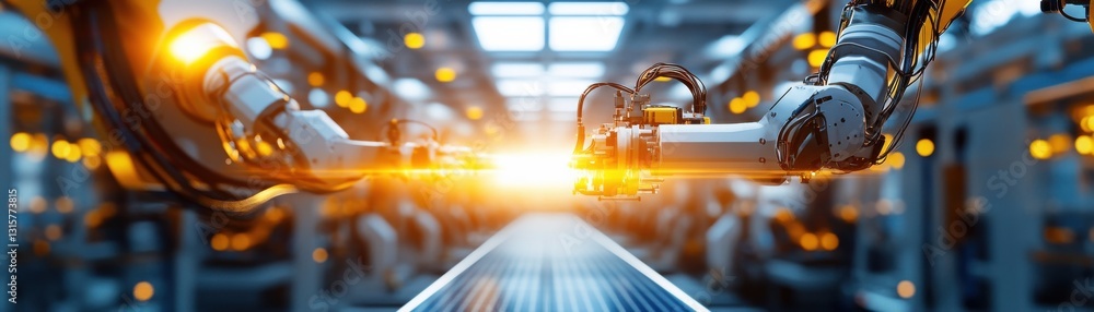 Poster a robot is seen in a factory with a bright orange light
