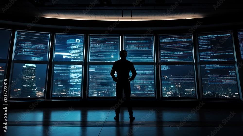 Poster night city coder: a lone programmer contemplates lines of code projected onto a panoramic cityscape 
