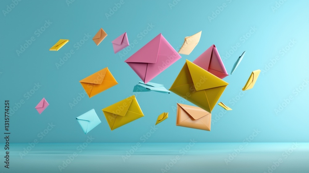 Poster a colorful array of paper envelopes are flying through the air