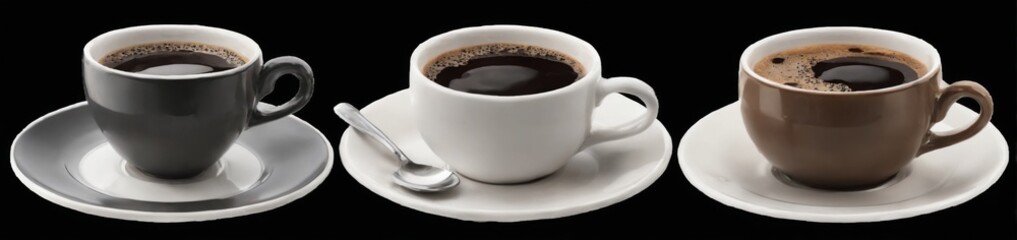 Obraz premium Triangular Arrangement of Coffee Cups on White Saucer with Silver Spoon Black Background