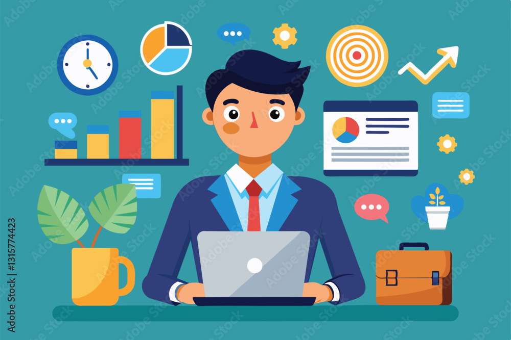 Aufkleber a cartoon character sits at a desk using a laptop, surrounded by colorful graphs and charts related 