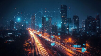 Obraz premium nighttime urban landscape showcasing advanced technological network connectivity amidst illuminated skyscrapers and flowing light trails
