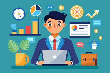 A cartoon character sits at a desk using a laptop, surrounded by colorful graphs and charts related to sales, Sales consulting Customizable Cartoon Illustration