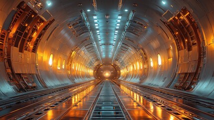 Futuristic Cargo Plane Interior: Sleek Metallic Design of an Advanced Aircraft's Cargo Hold with Orange and Teal Lighting, Showing Modern Transportation Technology