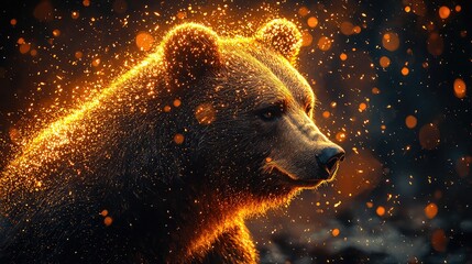 Majestic Brown Bear Illuminated by Golden Sparks, Mystical Forest Creature with Fiery Fur, Wildlife Portrait Photography