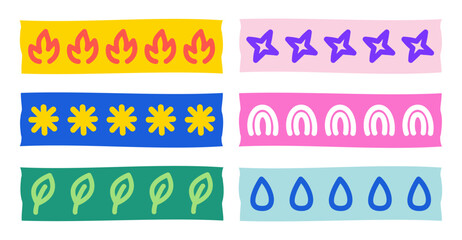 Washi Tape Set with Various Colorful Object and Textures in Hand-Drawn Vector Pattern