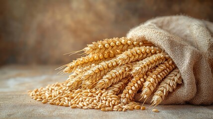 Golden Wheat Harvest: Ripe Ears of Wheat Pouring from a Burlap Sack, Abundant Grain Ready for Milling, Close-up View of Agricultural Bounty
