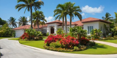 Fototapeta premium Peaceful Tropical Home with RedTiled Roof Surrounded by Palm Trees and Colorful Flowers in WellManicured Yard