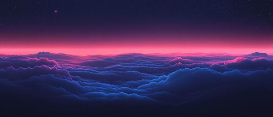 Abstract night sky illustration above rolling blue and magenta neon clouds