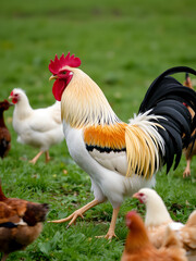 Fototapeta premium Rooster watching chickens, walking in the field.